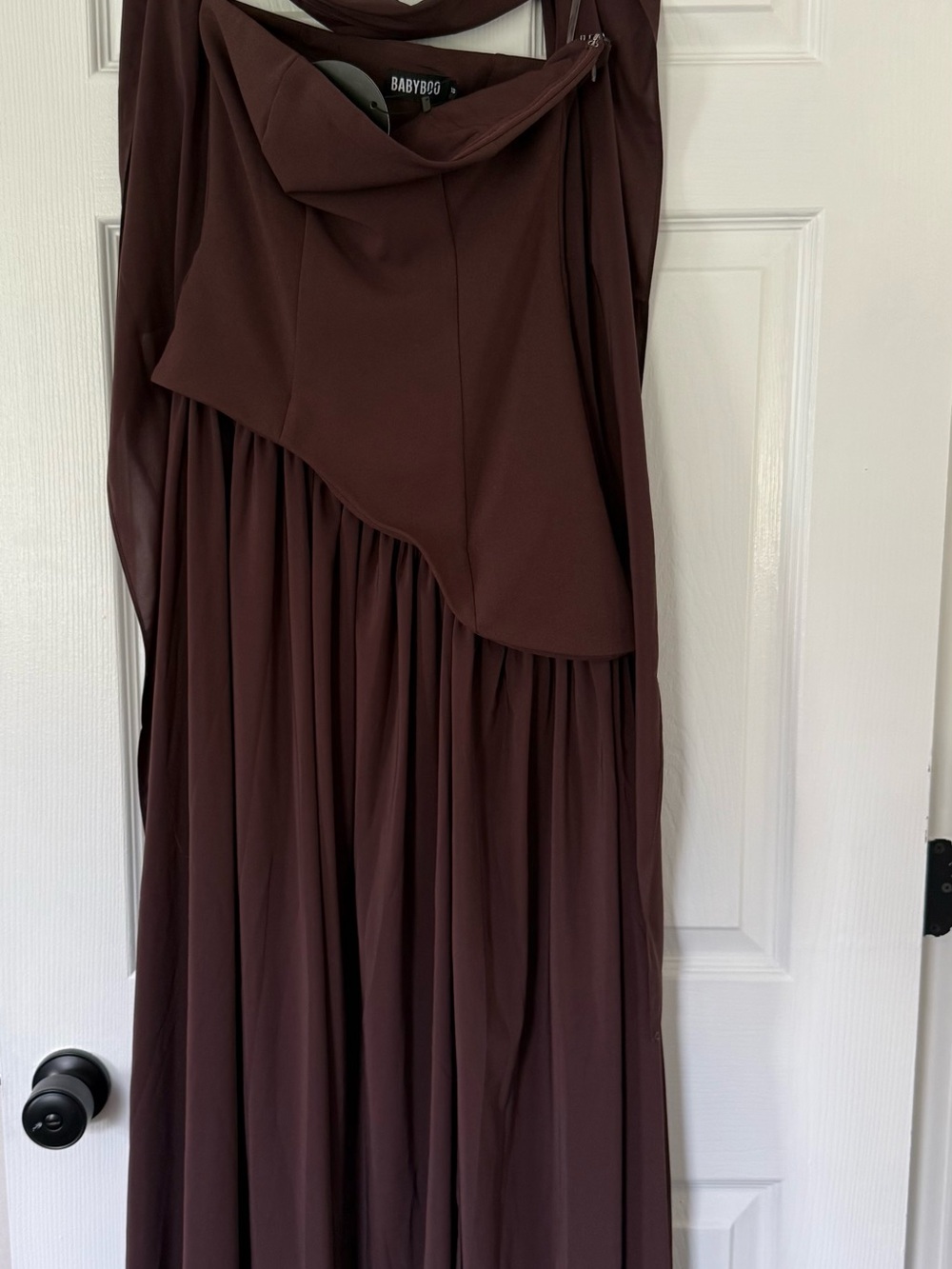 BABYBOO Chocolate Brown One-Shoulder Maxi Dress with Draped Skirt - Picture 1 of 4